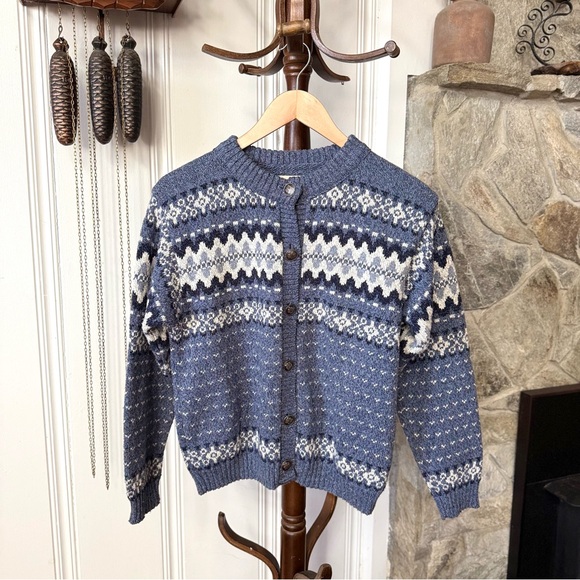 Eddie Bauer Vintage Fair Isle Blue Knit Cardigan Sweater Small - Picture 1 of 6